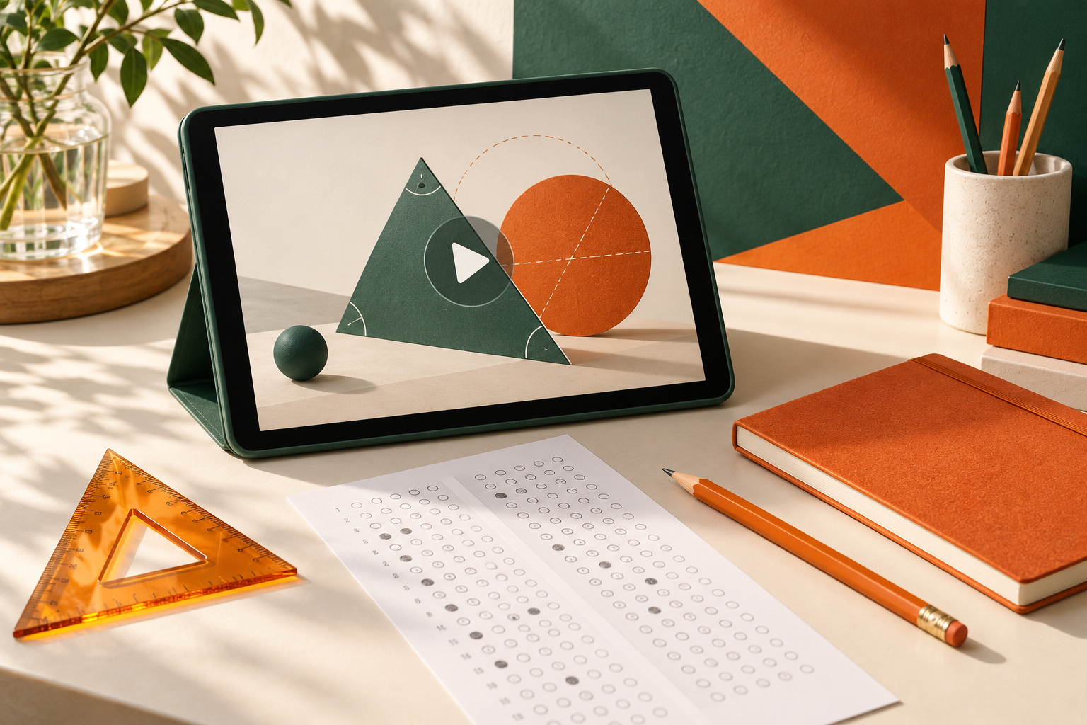 Video çözüm ve geometri çalışmasını temsil eden tablet ve ders araçları